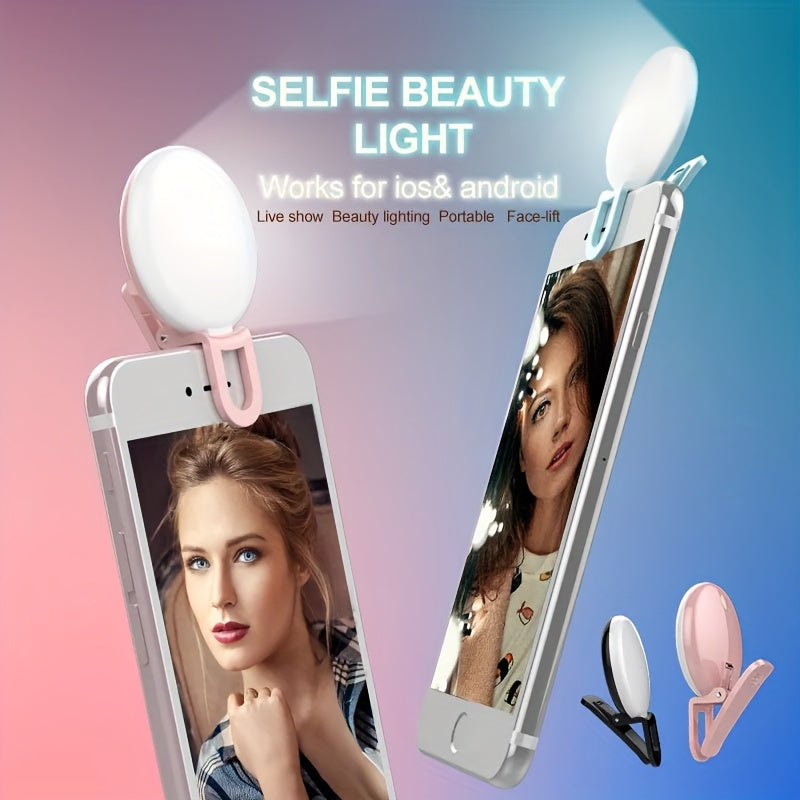 Clip-on professional LED ring light with 3 color modes for smartphone selfies, with warm and white light options.