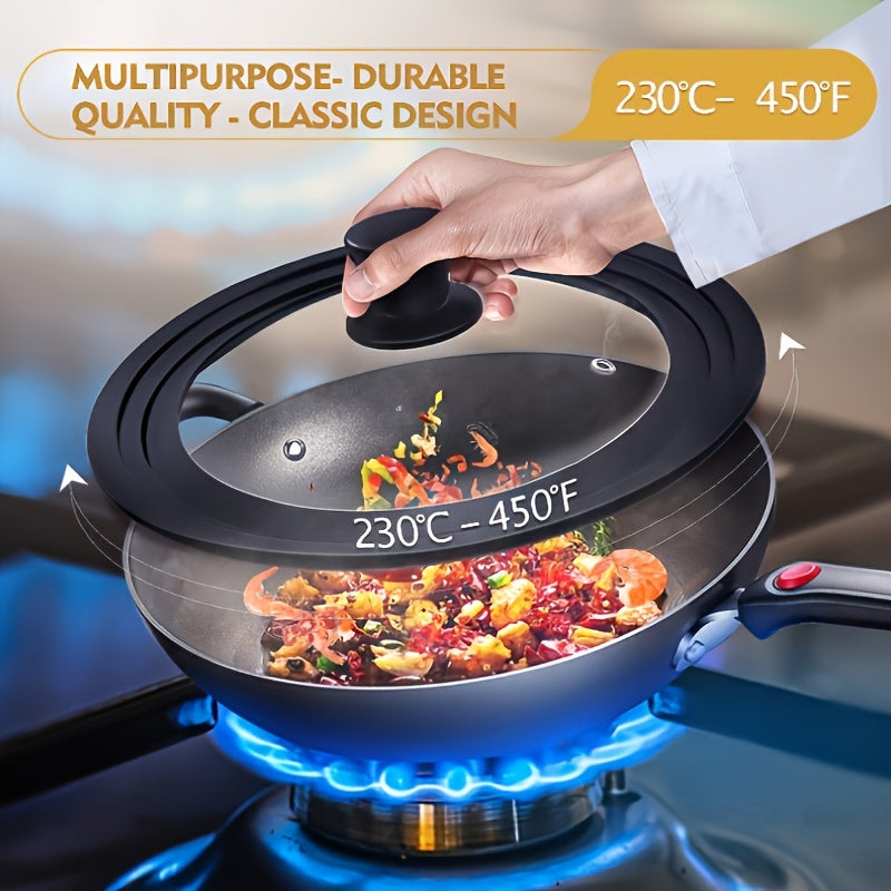 Multi-functional Tempered Glass Lid with Silicone Rim - Suitable for Pots ranging from 19.81cm to 27.99cm, Can be Cleaned in Dishwasher, Handles Heat up to 450°F, Features Non-Slip Knob - Ideal for Skillets and Pans with Flat Bottoms.