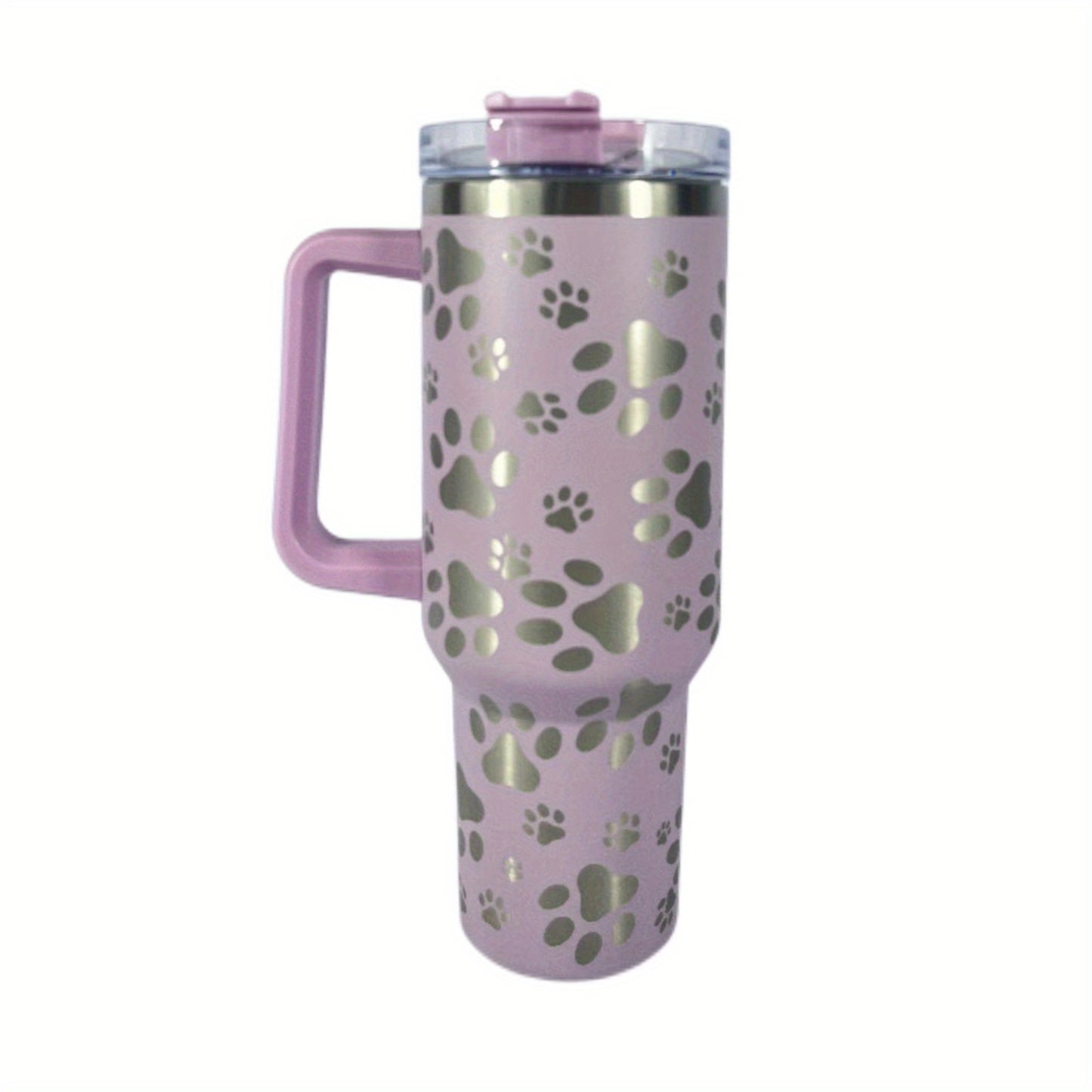 Insulated stainless steel tumbler with cat paw pattern, 40 oz. Double wall vacuum cup with lid and handle. Great for car travel and daily use. Perfect gift for cat lovers.