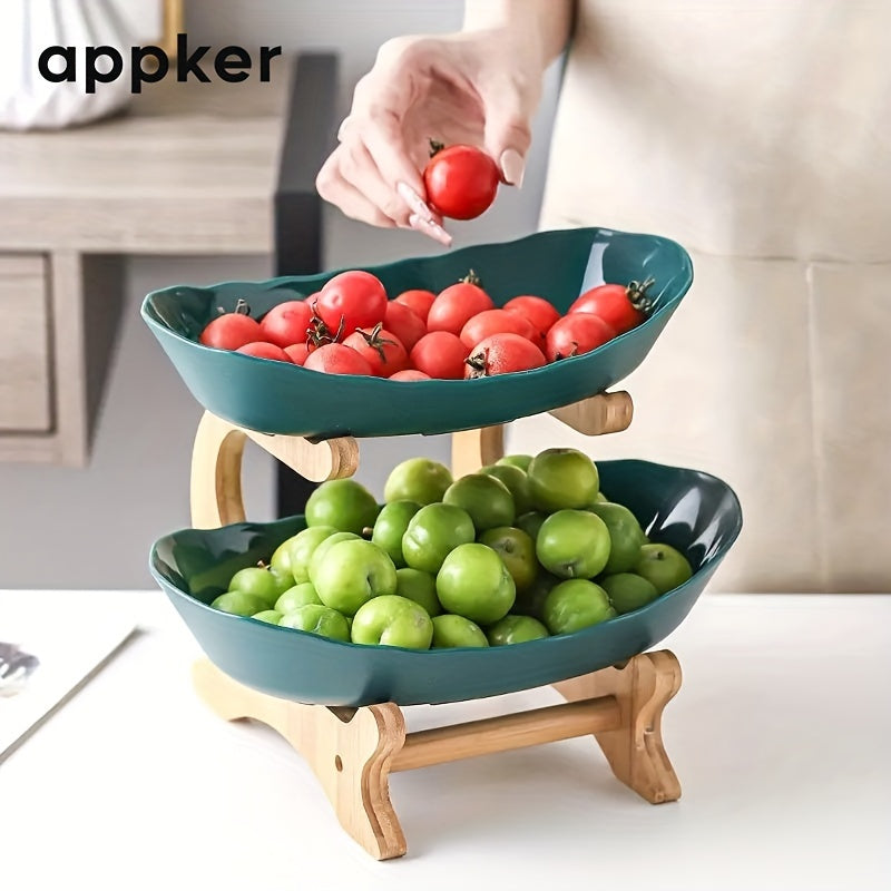 Plastic serving tray set for fruit, snacks, candy, and cake in 2-tier and 3-tier options for home, restaurant, and hotel use.