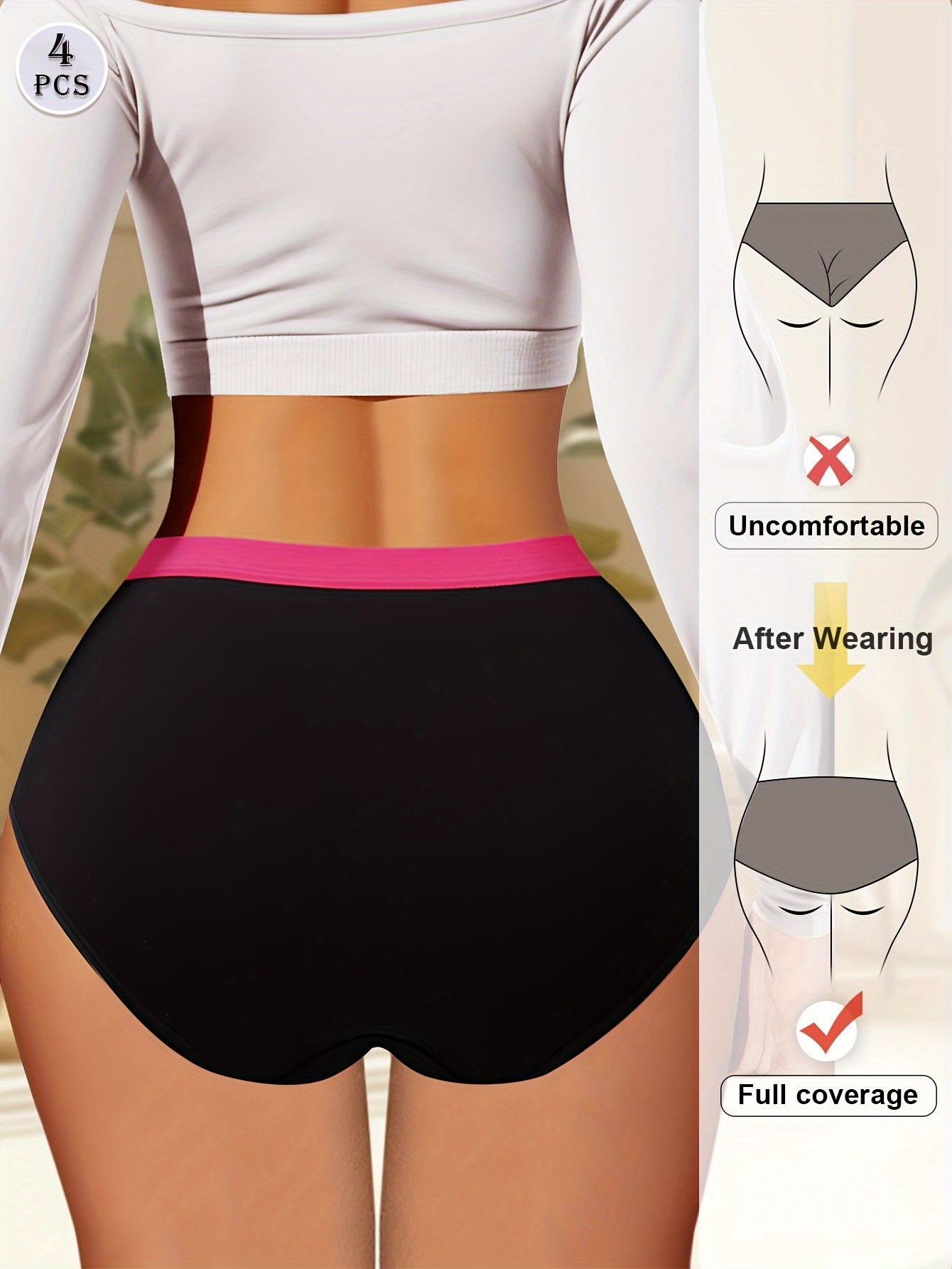 4 high waist tummy control panties with contrast color, comfortable fit.