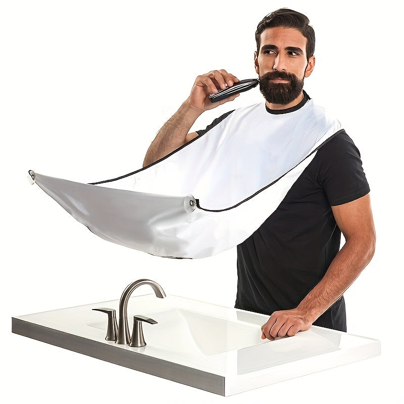 Apron bib for beard shaving, with trimmer holder and bathroom organizer. Convenient shaver holder gift for men, no power supply required.