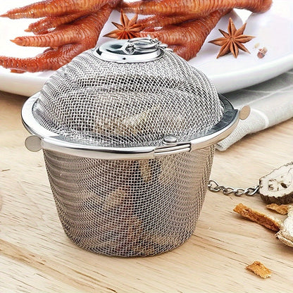 Introducing the latest stainless steel seasoning ball for enhancing the flavor of soups and stews, complete with a special compartment for brewing tea.