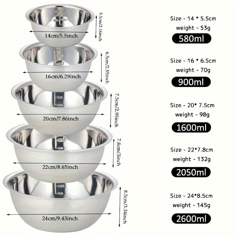 Set of 5 Stainless Steel Mixing Bowls with Built-in Scale - Perfect for Cooking, Baking, Meal Prepping, Washing Fruits, Serving Noodles, and More! Includes Essential Kitchen Accessories for Back to School Supplies.