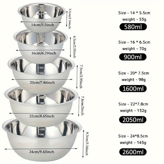 Set of 5 Stainless Steel Mixing Bowls with Built-in Scale - Perfect for Cooking, Baking, Meal Prepping, Washing Fruits, Serving Noodles, and More! Includes Essential Kitchen Accessories for Back to School Supplies.