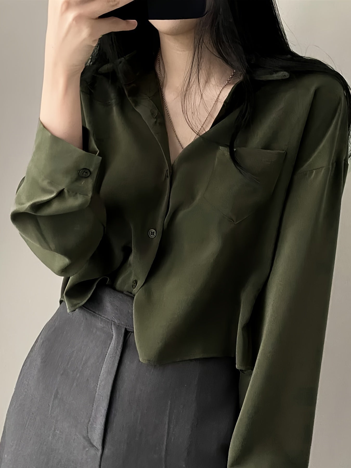 Women's long sleeve shirt with pocket, 100% polyester fabric, lapel collar, loose fit, suitable for spring/fall season - 120g/m².