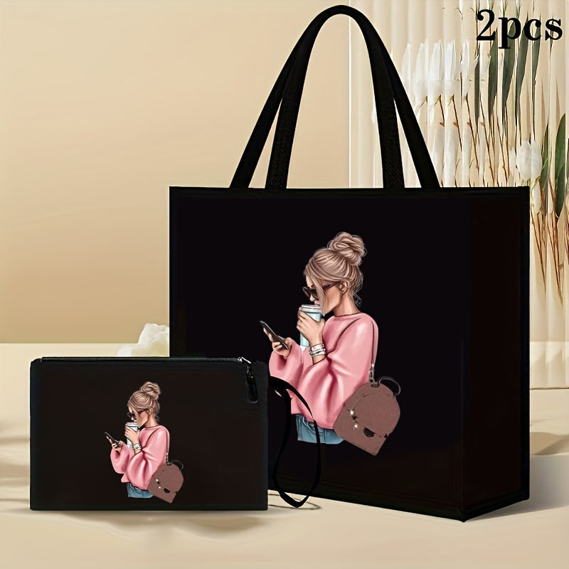 Women's tote bag set with coin purse, featuring cute girl print on black faux leather. Magnetic closure with fixed straps and faux leather lining.