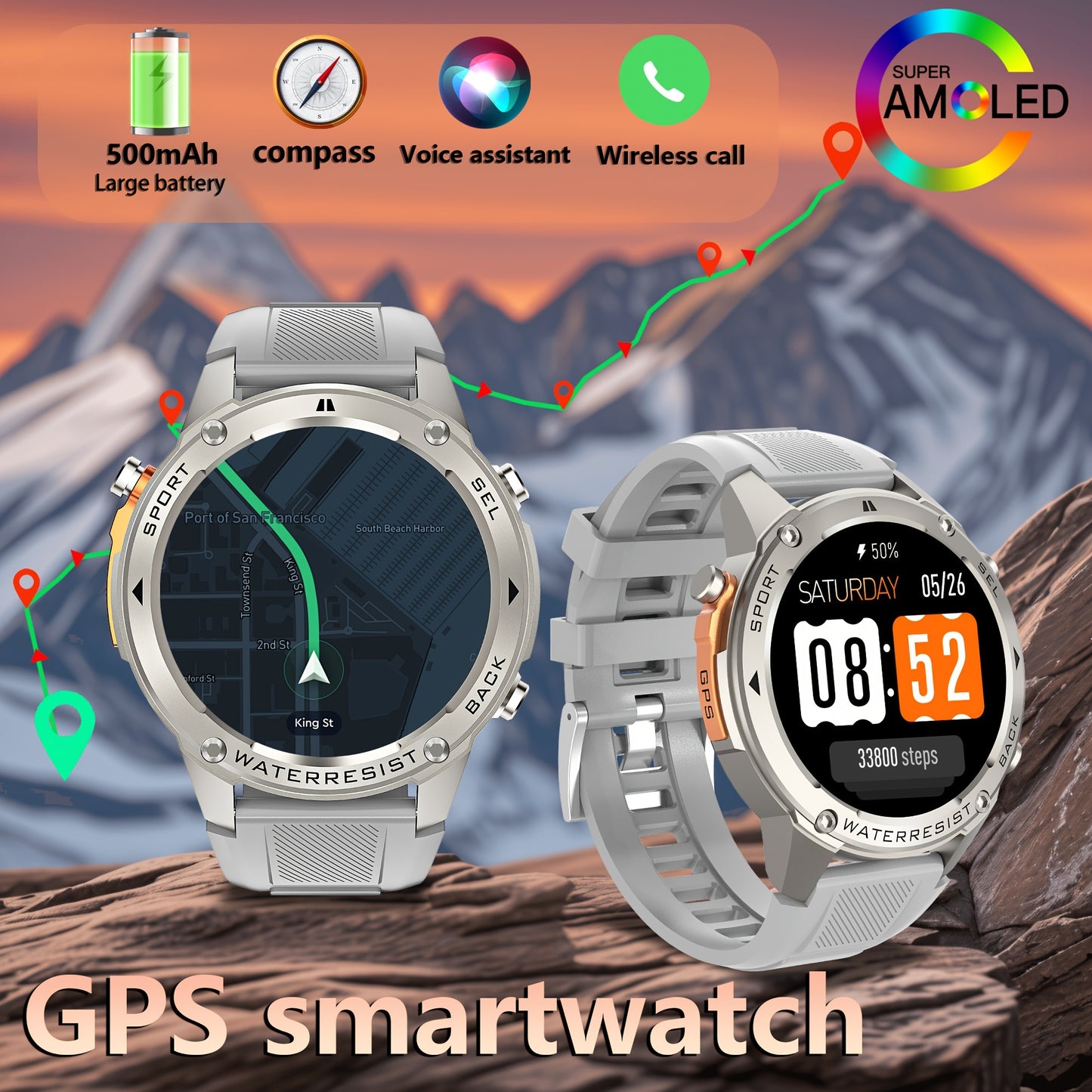 GPS smart watch for outdoor enthusiasts with compass, altitude, swimming, triathlon modes, and 170+ sports modes. Features include automatic motion pattern recognition, ATS3085L chip, and