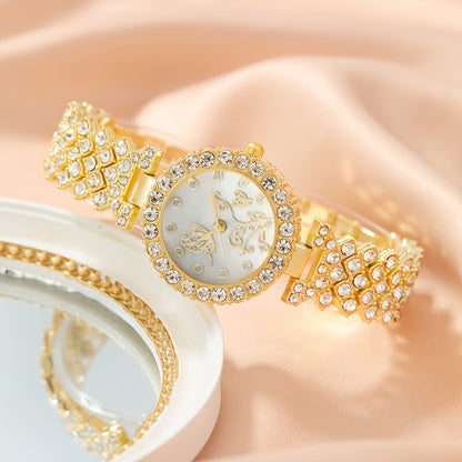 6-piece women's golden-toned quartz watch & jewelry set with rhinestone detailing, includes wristwatch, necklace, bracelet, ring, and earrings, ideal gift set with vintage style.