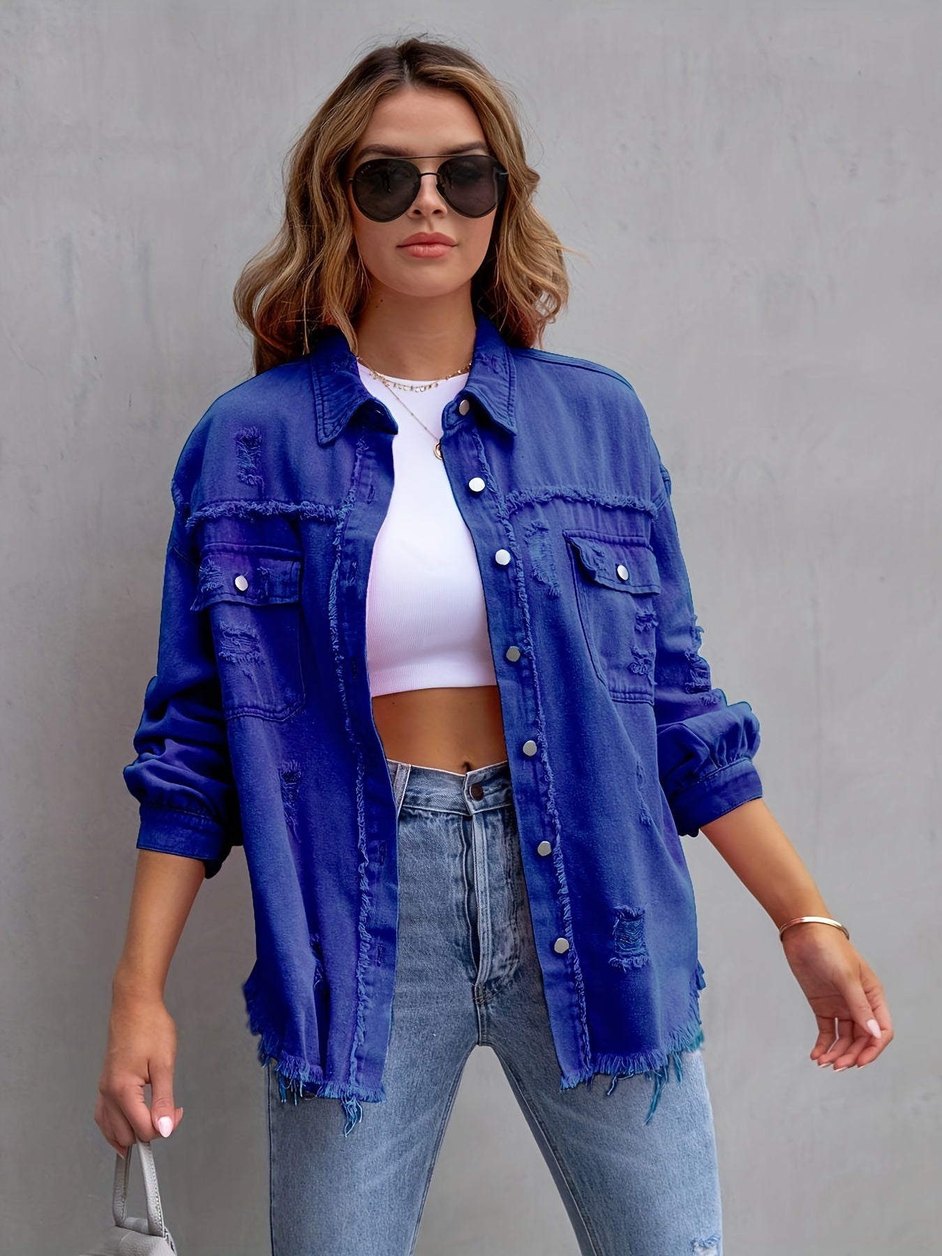 Women's distressed retro denim jacket with raw hem, in plus sizes