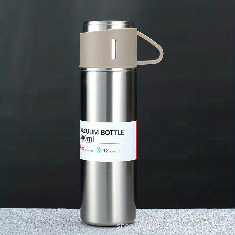 Business thermal mug with stainless steel thermo material, 500ml capacity, vacuum insulated bottle with cup for hot and cold drinks.