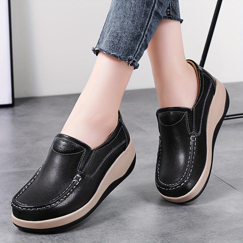 Quanzhou Genuine Faux Leather Platform Loafers for Women - Lightweight Slip-on Fashion Sneakers with Round Toe, Soft PU Sole, Mid Top Design, Comfort Insole, All-Season Shoes