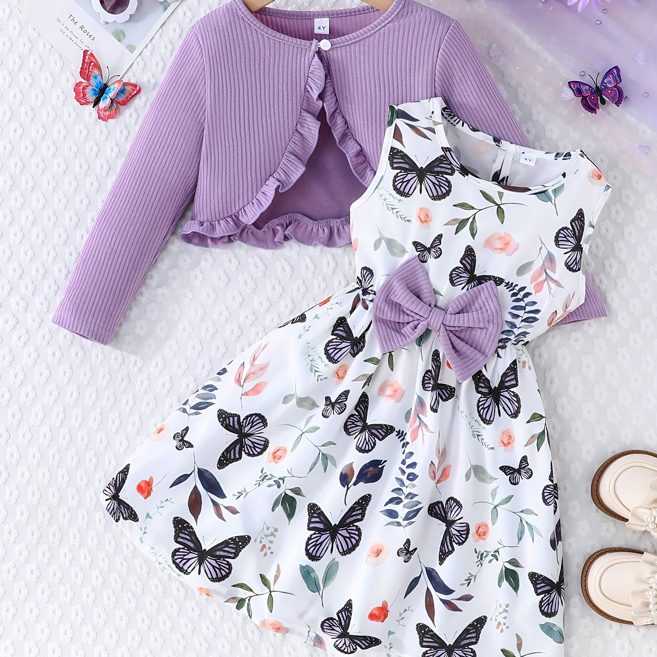 Girls casual dress with butterfly print, paired with a solid color long-sleeved jacket for an outdoor outfit.