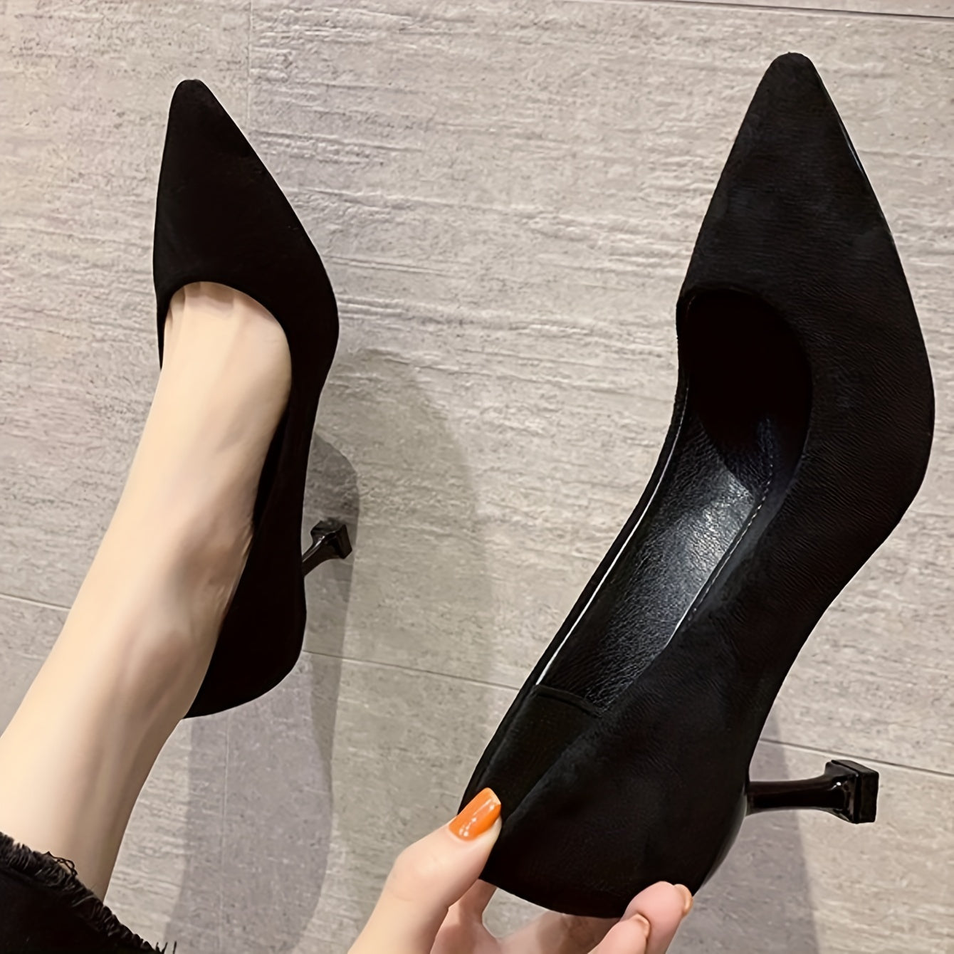 Solid color stiletto heels with point toe, perfect for dressy occasions.