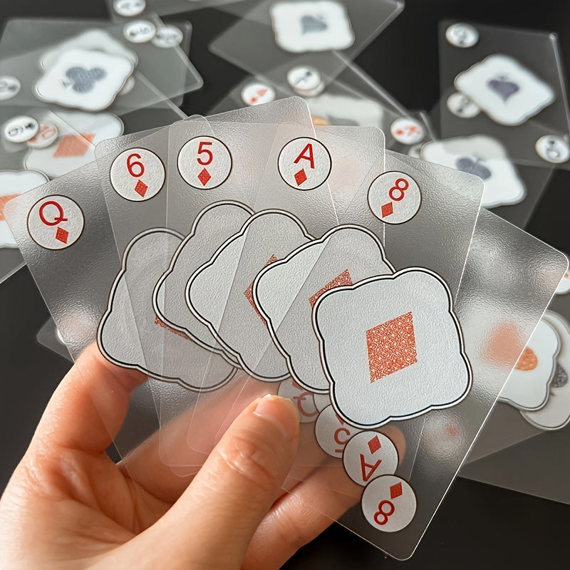 Waterproof transparent plastic playing cards with creative crystal design. Durable PVC material, suitable for ages 14+. Ideal for board games and classic card games.