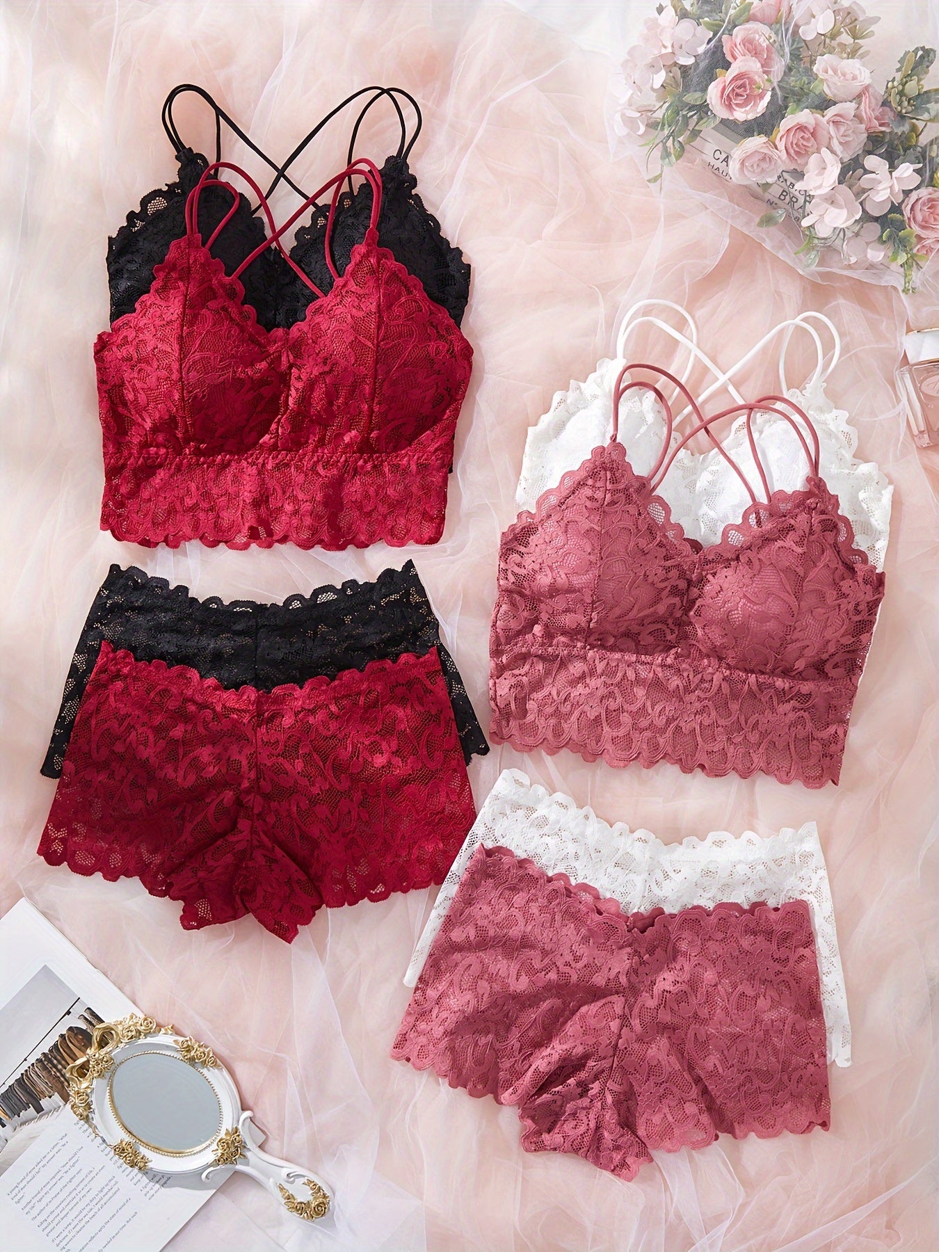 4-Pack of lace lingerie set for women, including solid color bralette and boyshorts without underwire. Made of knit fabric. Ideal for adult females.