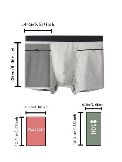 Men's travel underwear with large pockets, square cut, double zipper, and enough space to hide a passport.