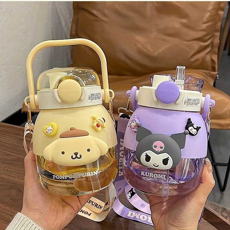 Large 35.5oz Sanrio water bottle featuring Kuromi & Melody designs. Leakproof with straw, portable for travel & fitness. Made of Tritan material, hand-wash only.