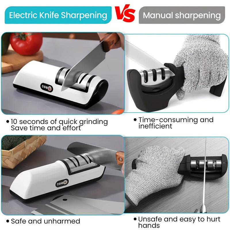 Portable and efficient electric knife sharpener with 2-speed settings. This USB rechargeable kitchen gadget automatically sharpens various knives with its built-in lithium battery. Made of durable ABS material, it is ideal for camping, picnic, and