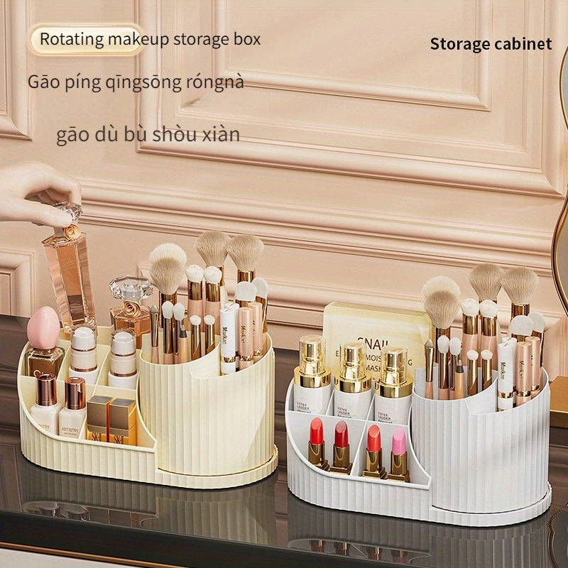 Compact rotating makeup organizer available in white, pink, and cream. Durable plastic with space-saving design for brushes, lipsticks, skincare, and stationery. Elegant and compact