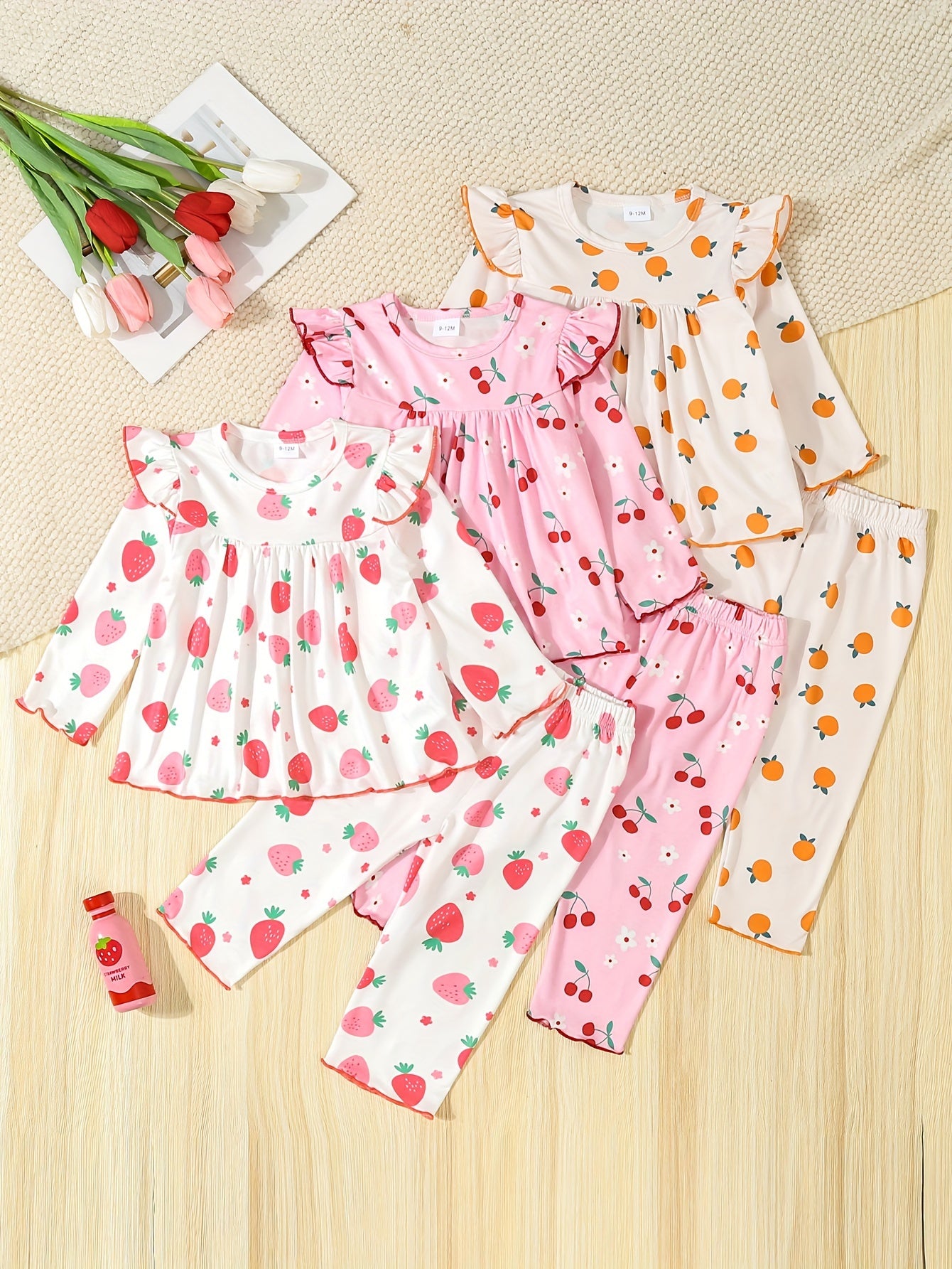 6-piece baby girl set featuring fruit print skirt, contrast casual pants, knitted fabric with cartoon pattern. Regular fit for newborn infants, made of polyester and spandex blend suitable