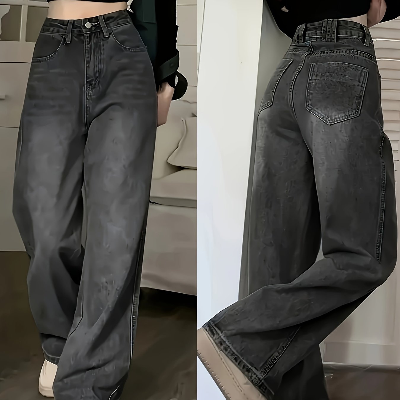 Women's high rise retro style jeans with loose fit and slant pockets.