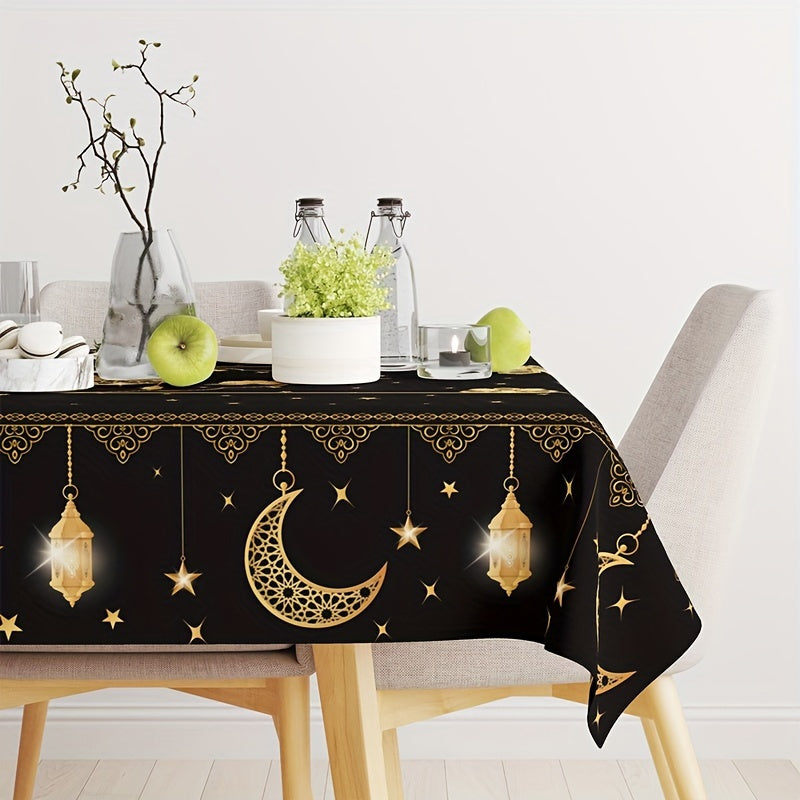 Eid Mubarak Polyester Tablecloth, 180x140cm Ramadan Kareem Black Table Cover for Islamic Muslim parties and home celebrations.