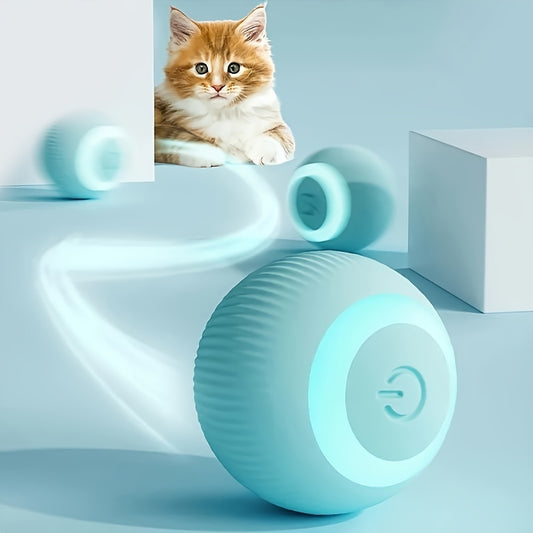 USB rechargeable cat toy with automatic rolling ball and cartoon design for small breeds.