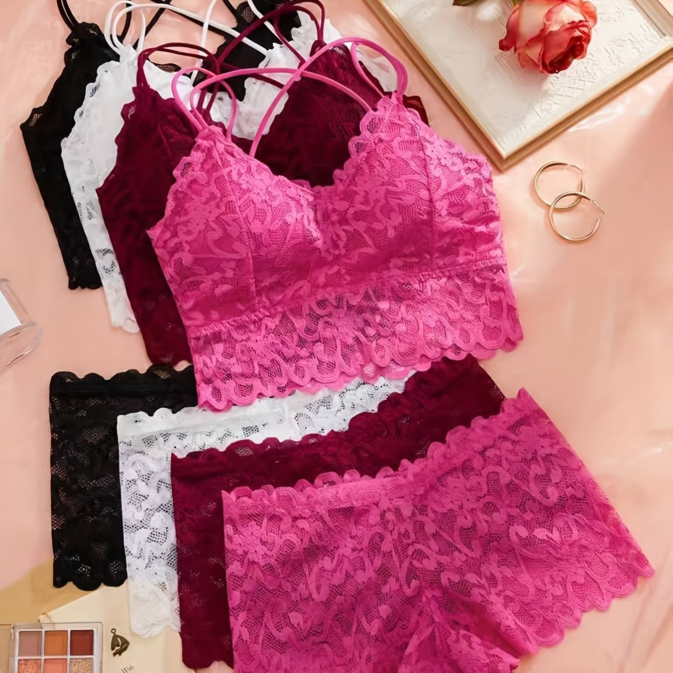 Sexy lace lingerie set with wireless bra and boyshort panties, crisscross back design, breathable nylon blend, plus size.