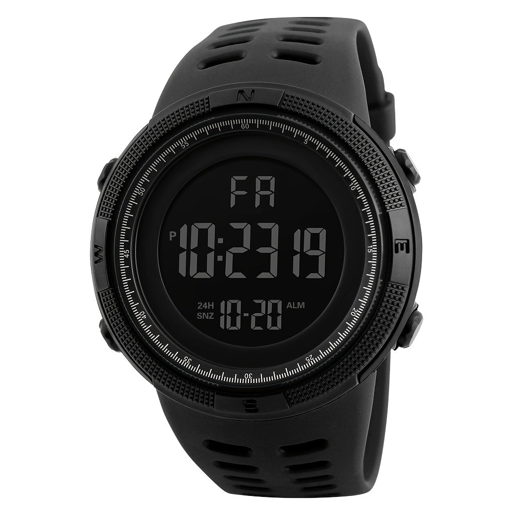 Unisex sports digital watch with large backlit display, silicone strap, date and week display, multi-function electronic movement, battery powered, plastic case - perfect birthday gift.