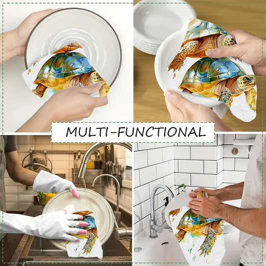 Set of 2 Ultra Soft Kitchen Towels featuring a Charming Watercolor Turtles Design. These highly Absorbent & Quick-Drying Dish Towels are Machine Washable, perfect for Cooking & Baking. Add a Contemporary Coastal flair to your kitchen with these