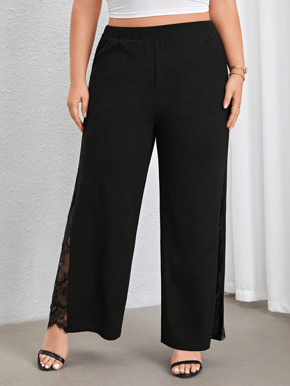 Wide leg pants with lace detailing, elastic waist, ideal for spring and fall plus size women's clothing.