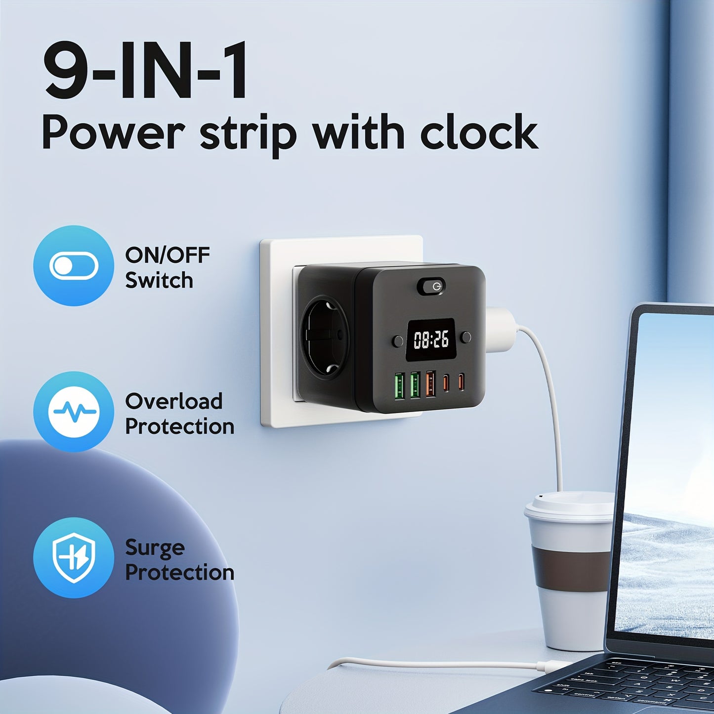 9-in-1 power strip with clock, 3 EU outlets, 3 USB-A ports, 2 USB-C ports, overload protection, wall mountable. Ideal for home, office, travel, dorm, gaming room.