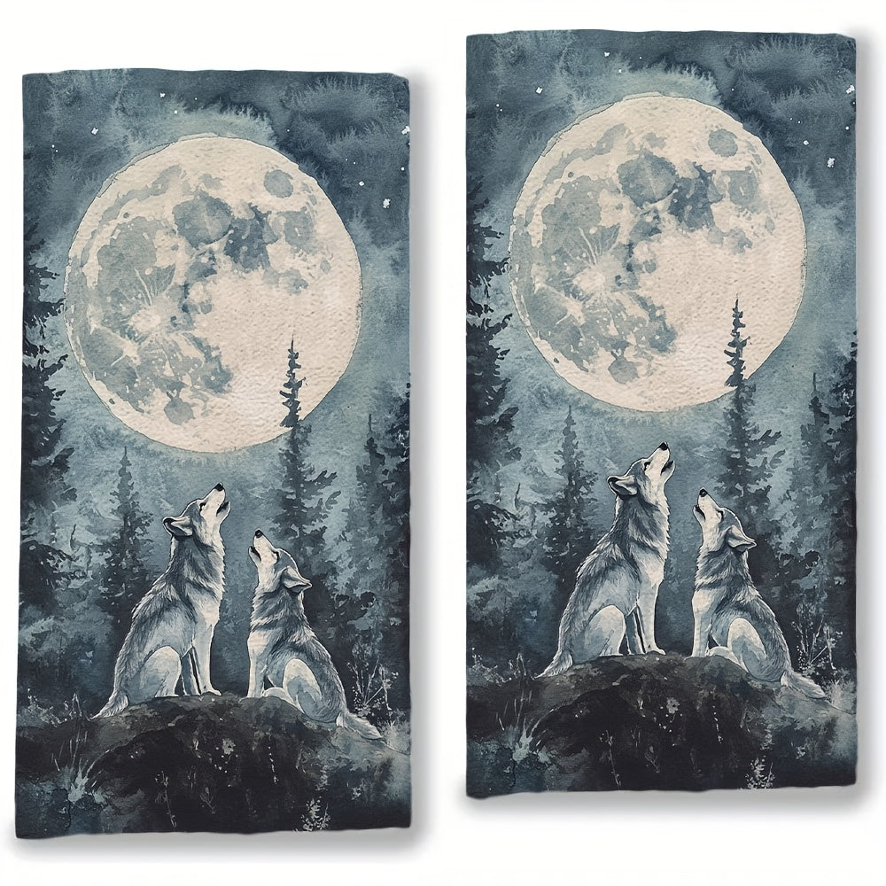 Add a touch of wilderness charm to your kitchen with these 2pcs Ultra Soft Kitchen Towels featuring a majestic wolves howling at a full moon night scene in watercolor style. These towels are highly absorbent and machine washable, measuring 40.64x60.96