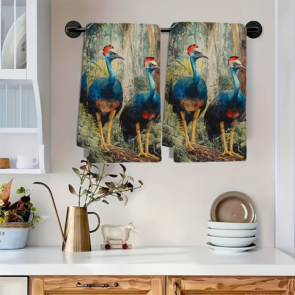 Set of two ultra-soft kitchen towels featuring a vibrant cassowary forest scene. These highly absorbent and machine washable dish hand towels measure 40.64x60.96 cm, making them ideal for holiday decor and everyday use in the kitchen.