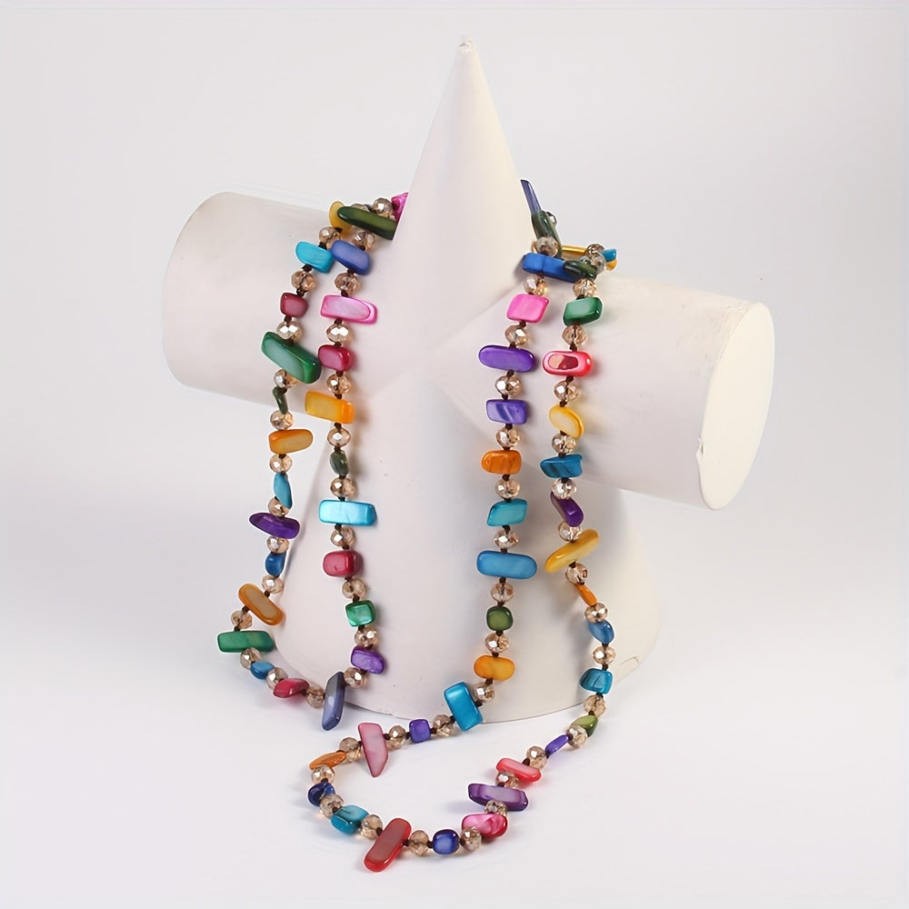 Long knotted necklace featuring rainbow crystal and shell beads - the ideal gift for women who love boho-chic, bohemian style.