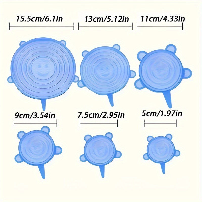 A set of 6/12 smile-shaped elastic lids made from food-grade material. These retractable bowl lids are reusable and perfect for storing fruits, vegetables, and other food items. They are dishwasher safe and can be used as multi-purpose crisper lids for