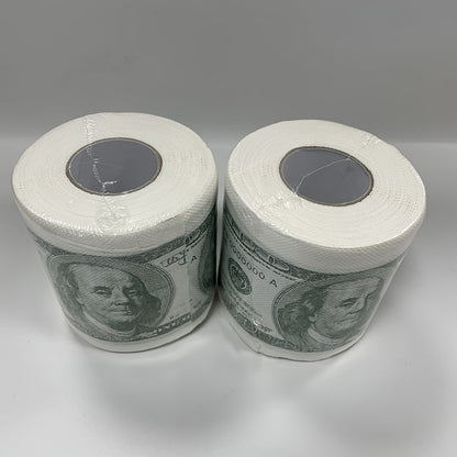 A humorous $100 bill toilet paper roll featuring money pattern design. Made of wood pulp paper tissue, this novel gift is perfect for household cleaning supplies, party supplies, party decor, home decor, or as a unique holiday gift.