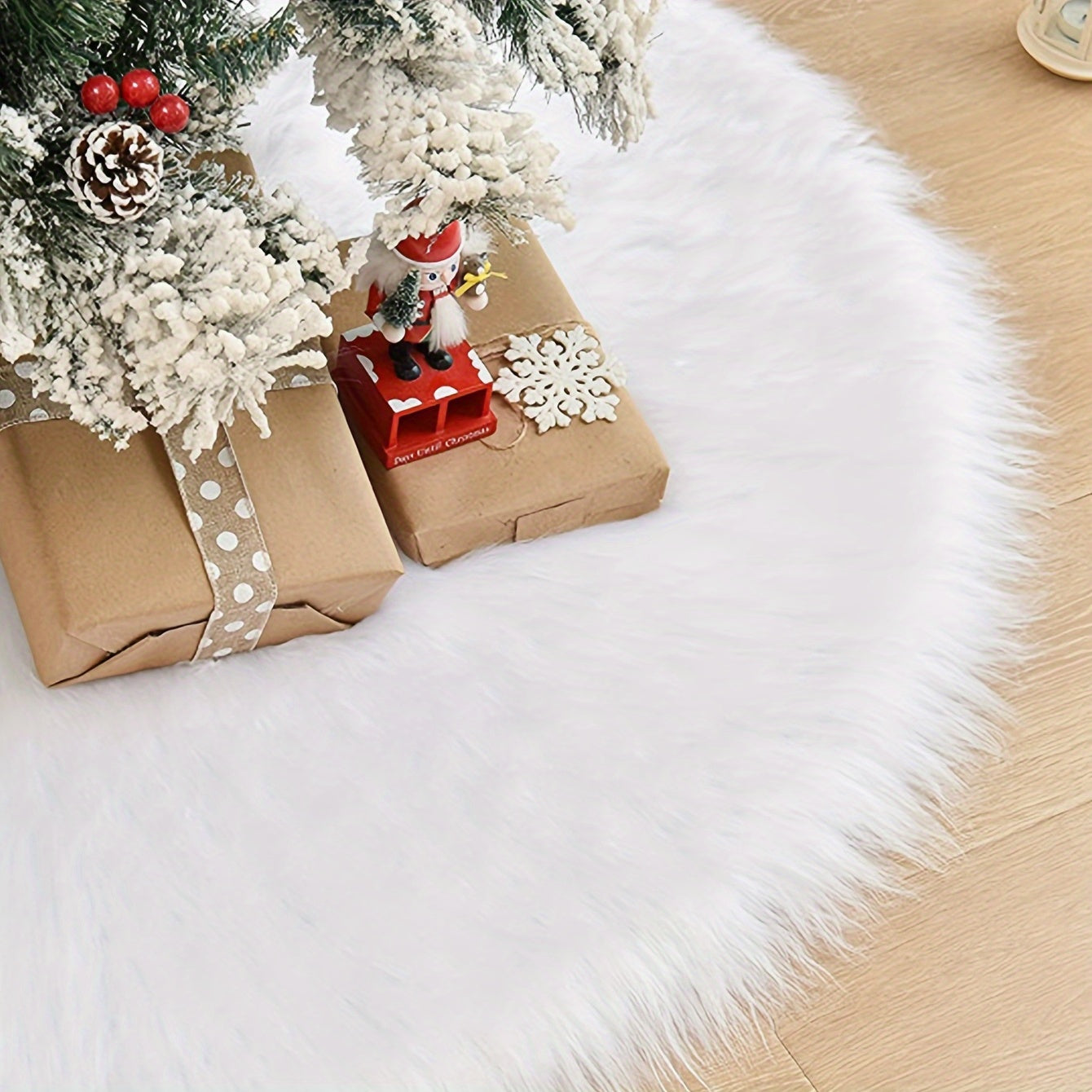 White plush Christmas tree skirt measuring 77.98cm, perfect for festive tree decor with ornaments.