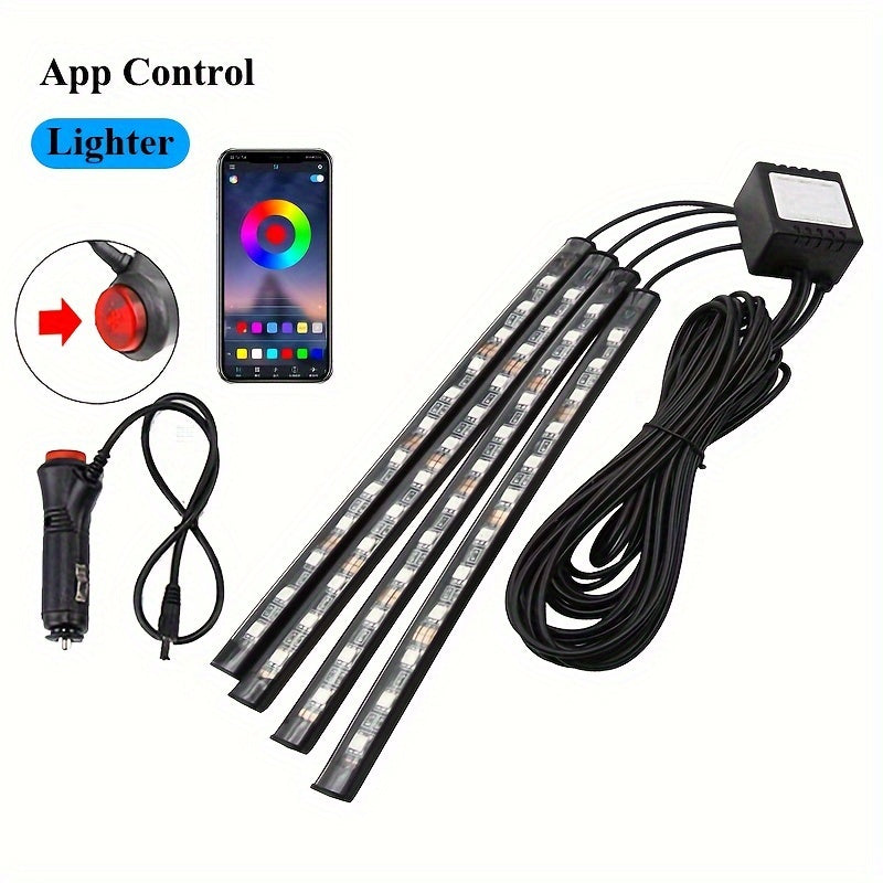 Car LED foot light strip with music voice control, app control, and RGB decorative lighting.