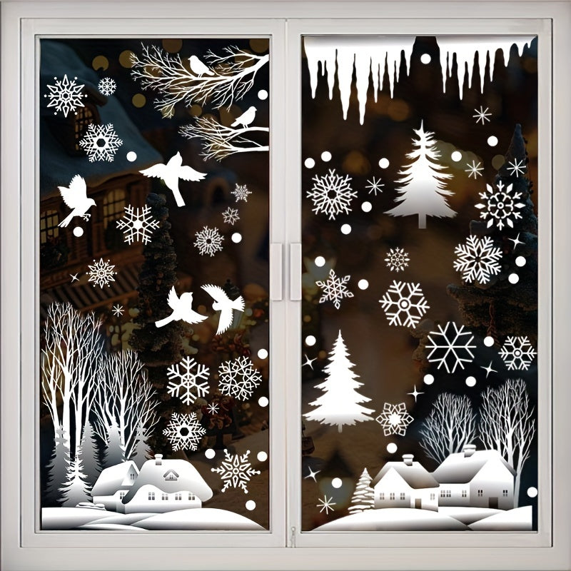 Set of 74 Christmas and New Year Window Clings featuring Snowflake and Woodland Cabin Designs for Festive Home Decor.