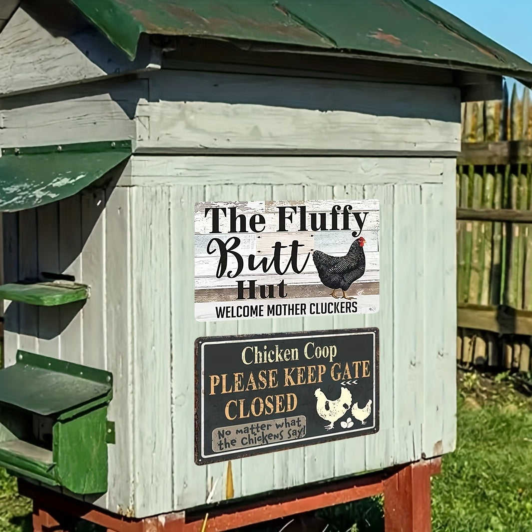 1pc Funny Farmhouse Chicken Metal Tin Sign, "The Fluffy Butt Hut" - Rustic country style decor with a humorous poultry farm theme. Size: 30.48x20.32 cm for indoor or outdoor use.