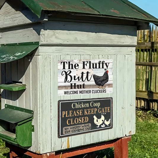 1pc Funny Farmhouse Chicken Metal Tin Sign, "The Fluffy Butt Hut" - Rustic country style decor with a humorous poultry farm theme. Size: 30.48x20.32 cm for indoor or outdoor use.