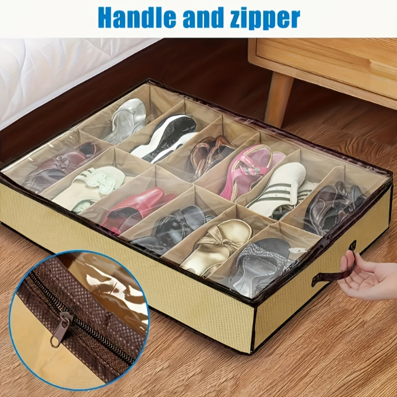 12-compartment shoe organizer with space-saving design - features a dustproof and moisture-resistant transparent non-woven fabric storage box with lid that is foldable and ideal for under bed storage.