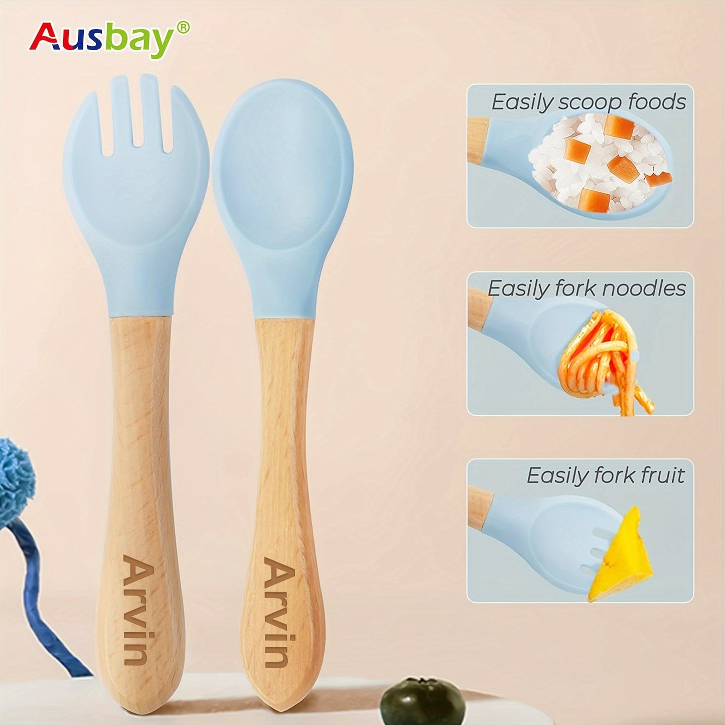 Ausbay 2-piece personalized silicone training spoon and fork set for kids - strong and secure with custom name handle - ideal for children and collectors