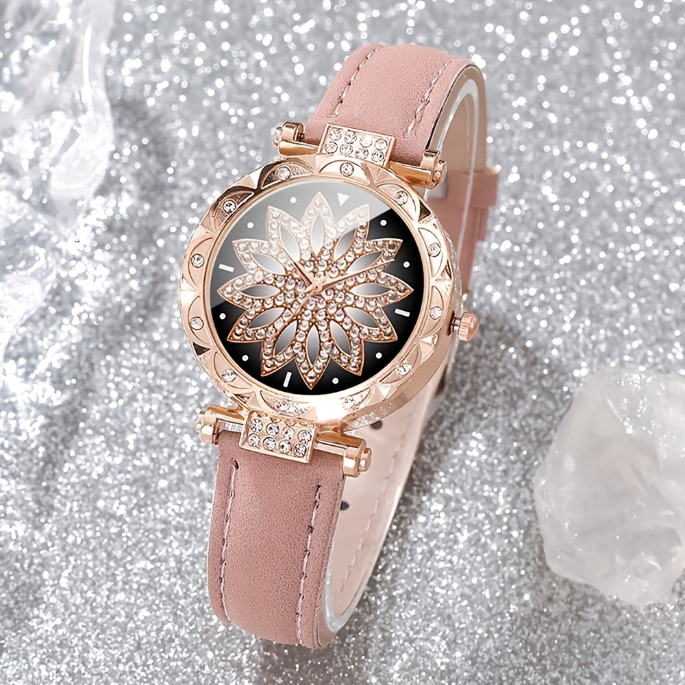 3-piece women's quartz watch set with rhinestone heart dial, PU leather strap, and fashionable design - perfect gift for girlfriend or mother.