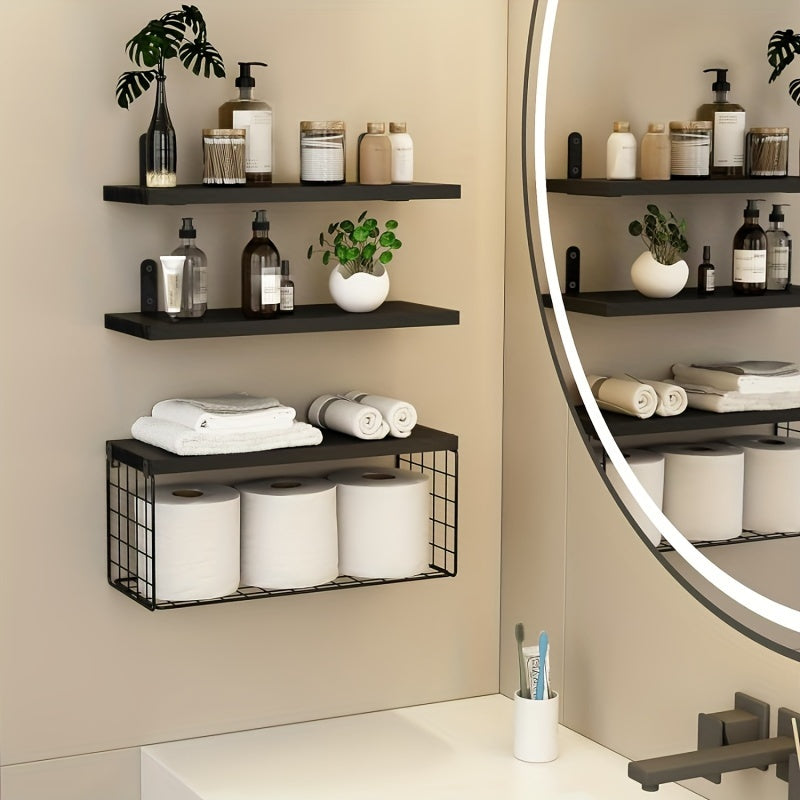 Wooden floating storage rack with paper towel and toilet paper baskets for bathroom organization and country home decor.