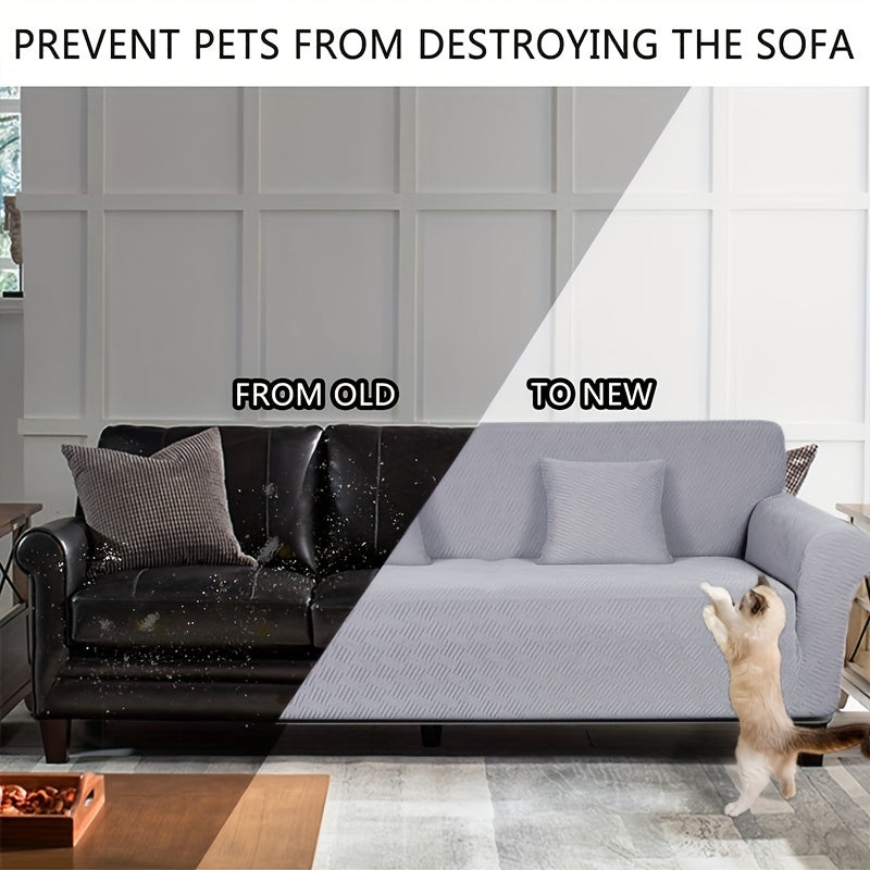 Pet-friendly sofa cover in gray striped jacquard fleece with elastic band, non-slip bottom, and all-season dust protection. Stylish and snug fit for living room furniture.