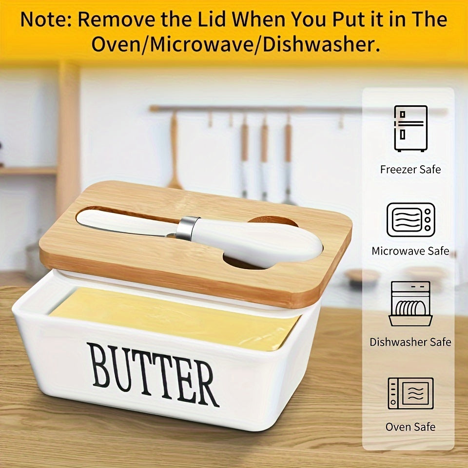 A complete set including a butter dish with a bamboo lid and butter knife, this large ceramic butter box is perfect for kitchen baking and gifting. It serves as an airtight butter keeper container for countertop or refrigerator storage. Ideal for home