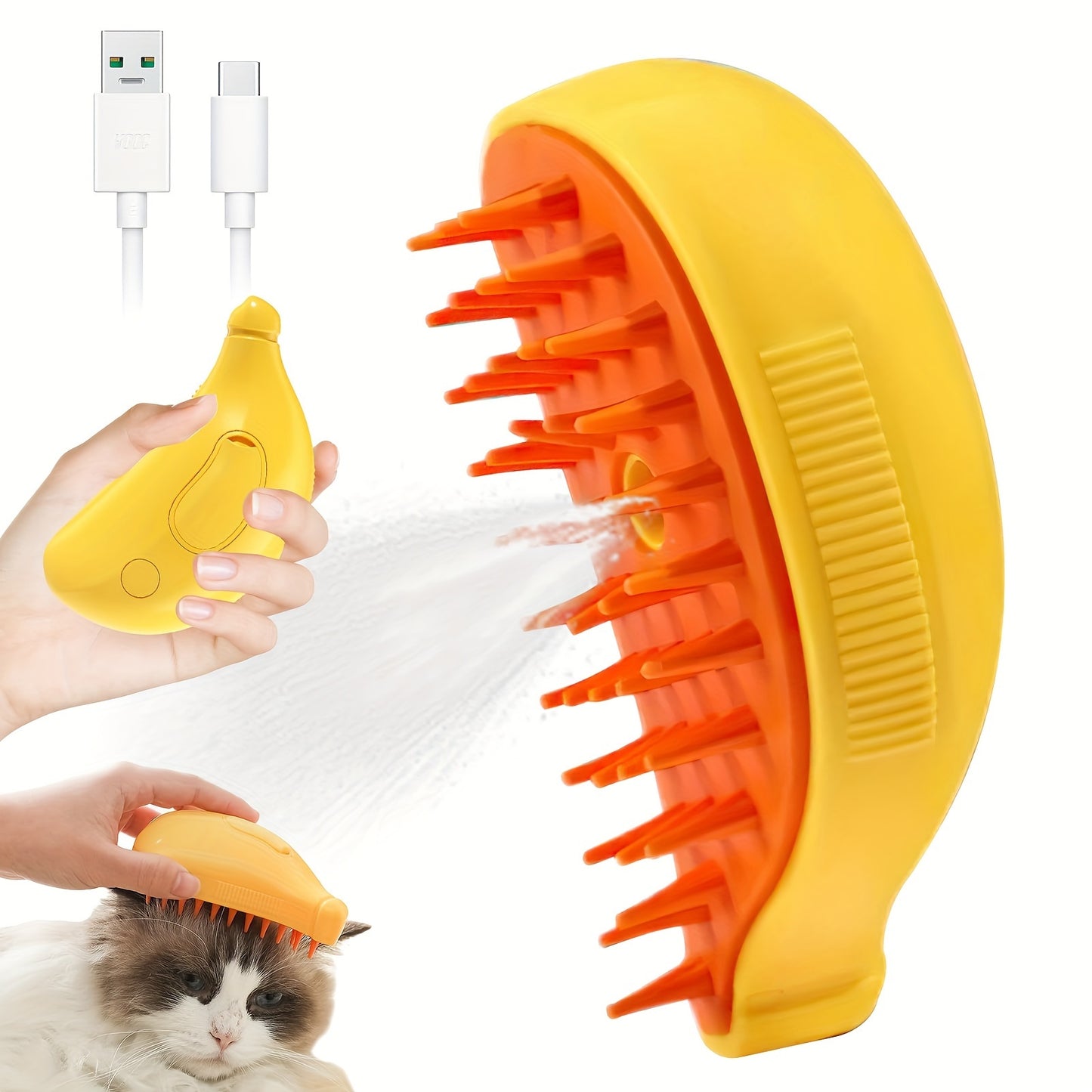 Self-cleaning Cat Steam Brush that removes tangled and loose hair, massages pets, and removes pet hair for both cats and dogs.